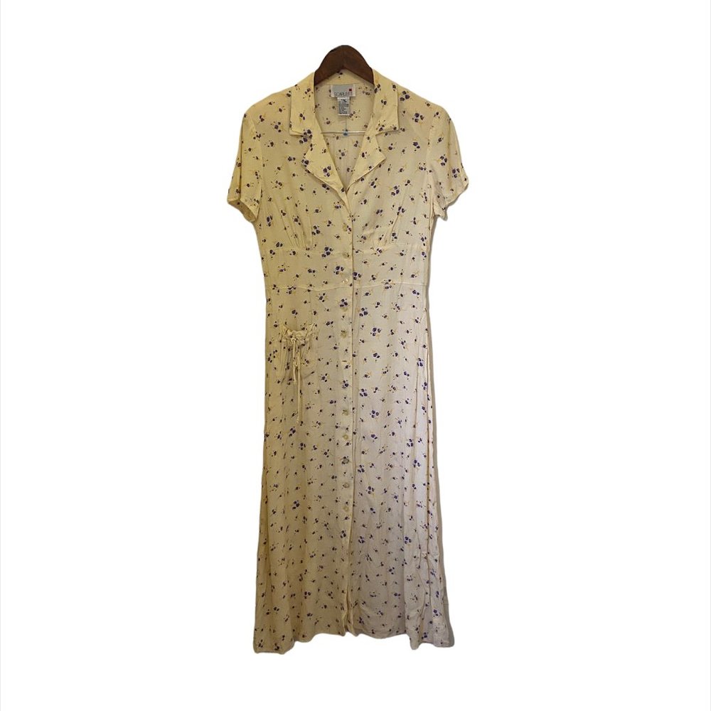 Y2K Vintage Floral Yellow Maxi Dress With Buttons by Scarlet Size 9/10 100% Ray